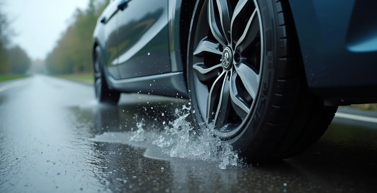 Pneus Michelin Primacy 4 et concurrents sur route mouillée sous forte pluie, vue de profil avec éclaboussures d’eau