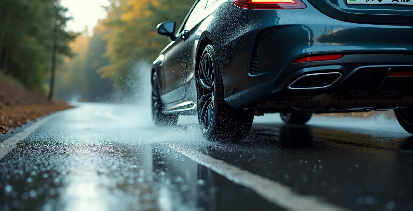Voiture en virage serré sur route mouillée avec mise en valeur des pneus Michelin Primacy 4 en contact avec la chaussée
