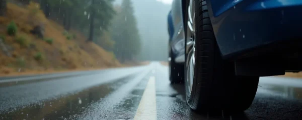 Vue rapprochée d'un pneu Michelin Primacy 4 sur une voiture en mouvement sur une route mouillée, avec éclaboussures d'eau et lumière naturelle cinématographique