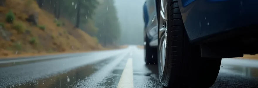 Vue rapprochée d'un pneu Michelin Primacy 4 sur une voiture en mouvement sur une route mouillée, avec éclaboussures d'eau et lumière naturelle cinématographique