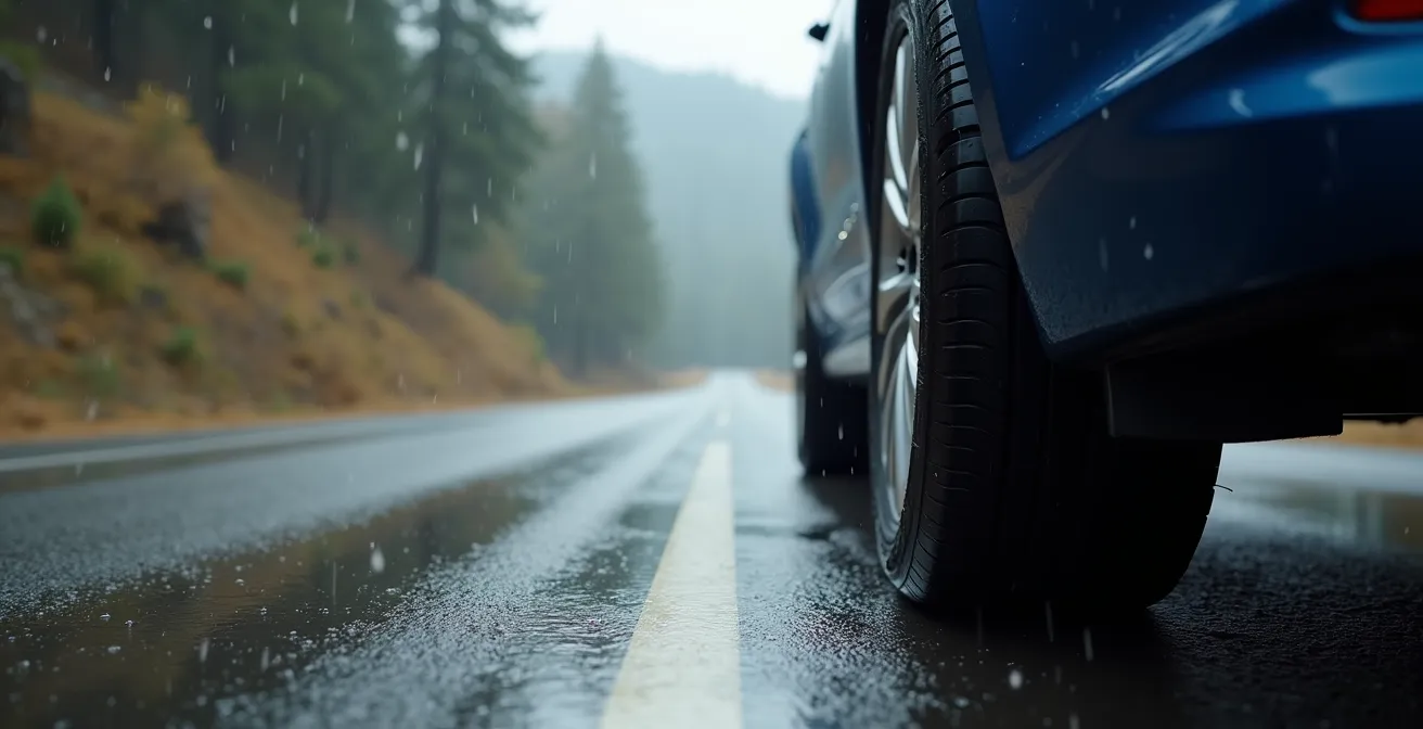 Vue rapprochée d'un pneu Michelin Primacy 4 sur une voiture en mouvement sur une route mouillée, avec éclaboussures d'eau et lumière naturelle cinématographique