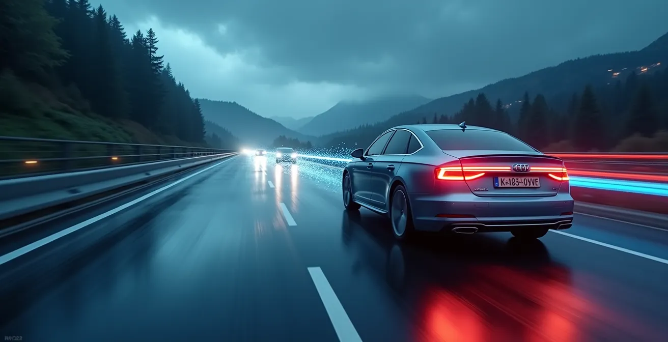 Voiture sur route mouillée avec graphiques abstraits en arrière-plan évoquant ABS et ESP, ambiance visuelle symbolique