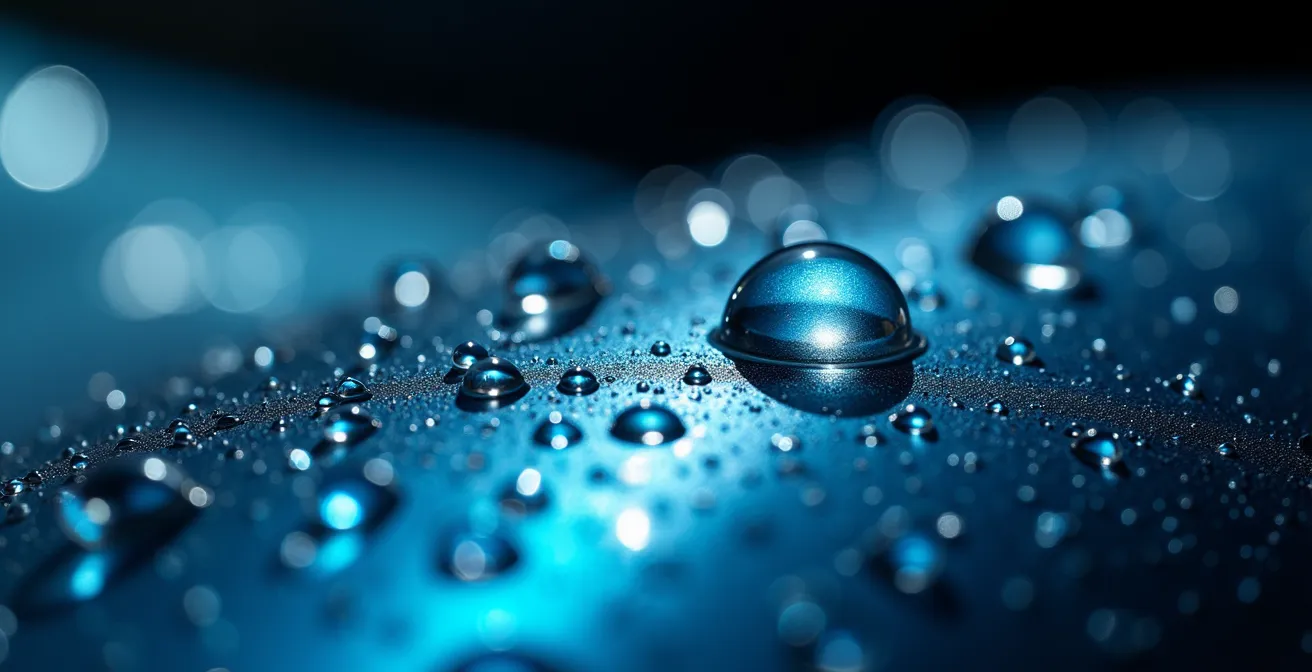 Vue macro d'une surface traitée avec effet hydrophobe visible