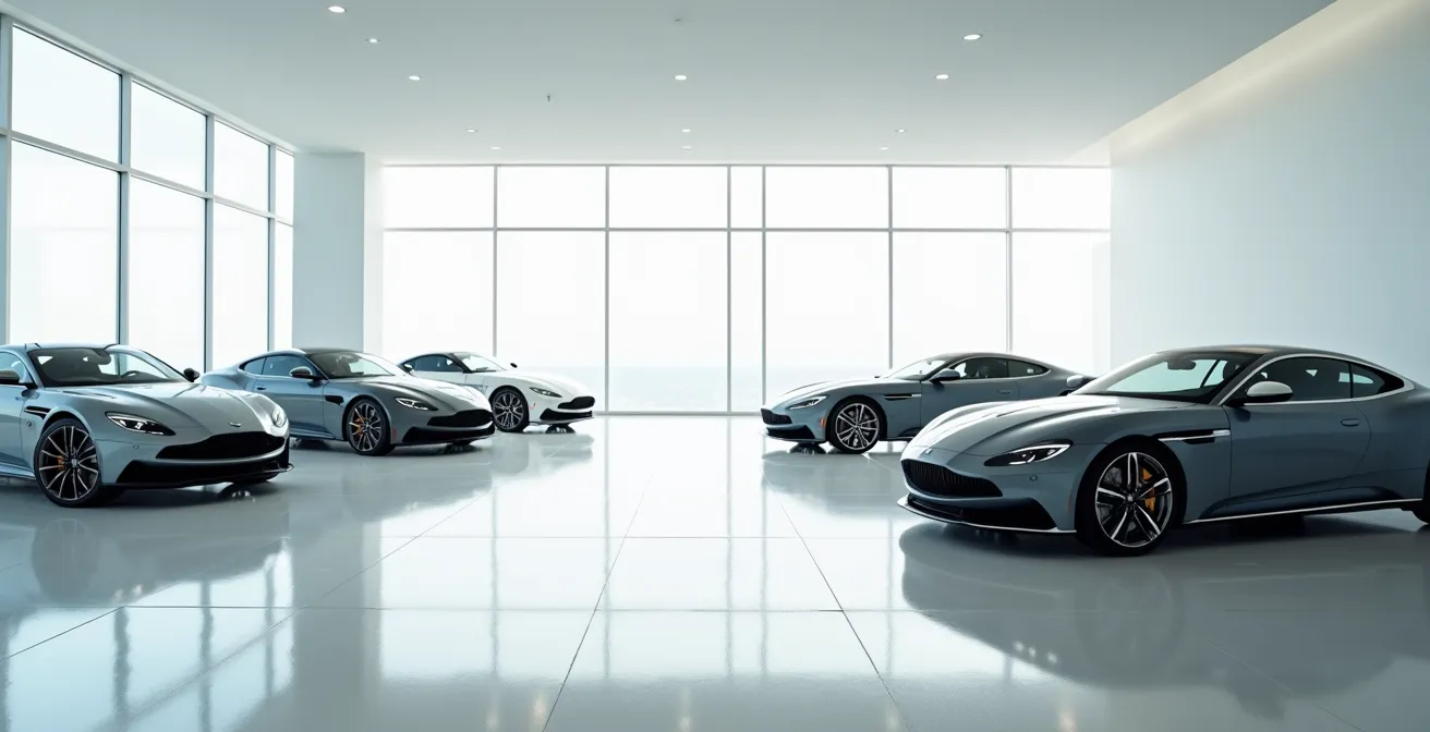 Garage moderne épuré avec plusieurs véhicules protégés