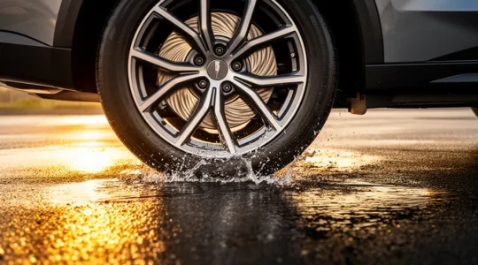 Système de freinage ABS et ESP en action sur route mouillée avec traces de pneus illustrant les limites physiques