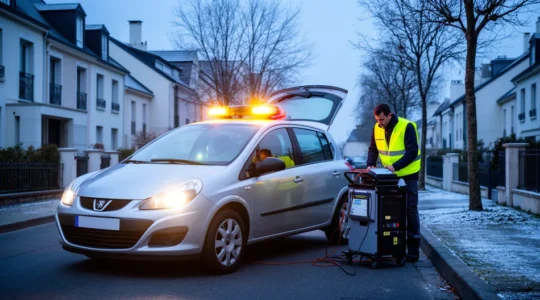 Véhicule moderne en panne devant une maison française avec mécanicien professionnel intervenant par temps froid