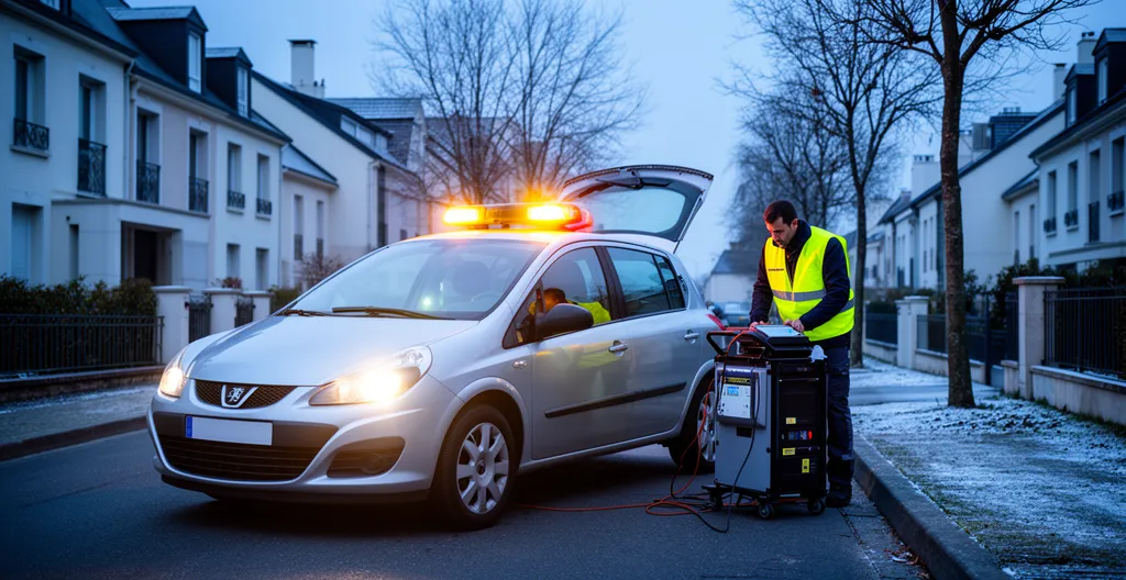 Véhicule moderne en panne devant une maison française avec mécanicien professionnel intervenant par temps froid