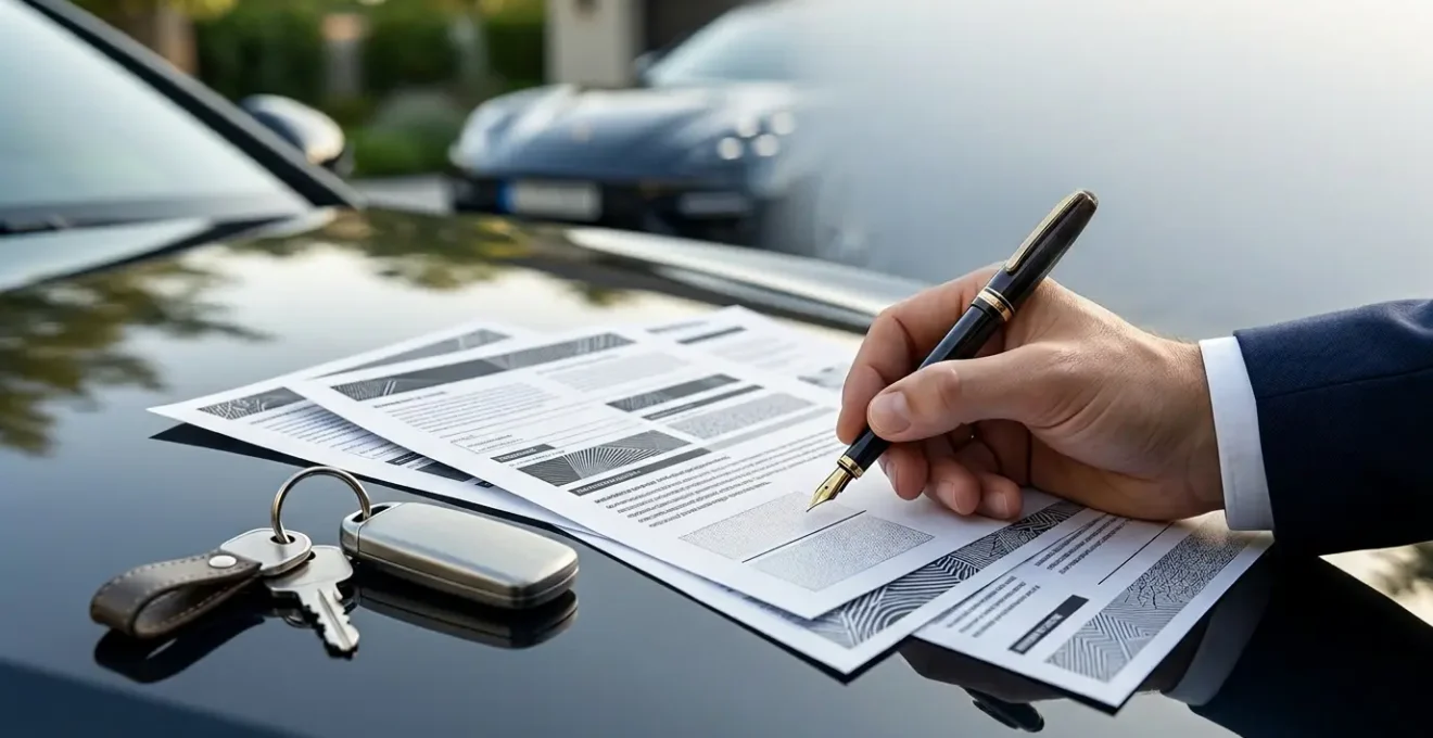 Vue détaillée des documents d'assurance posés sur le capot d'une voiture avec signature