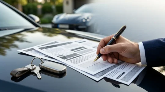 Vue détaillée des documents d'assurance posés sur le capot d'une voiture avec signature