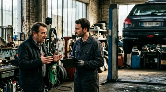 Automobiliste discutant avec un mécanicien devant une voiture en réparation dans un garage