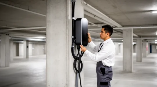 Vue d'un parking souterrain de copropriété moderne avec installation de bornes de recharge en cours