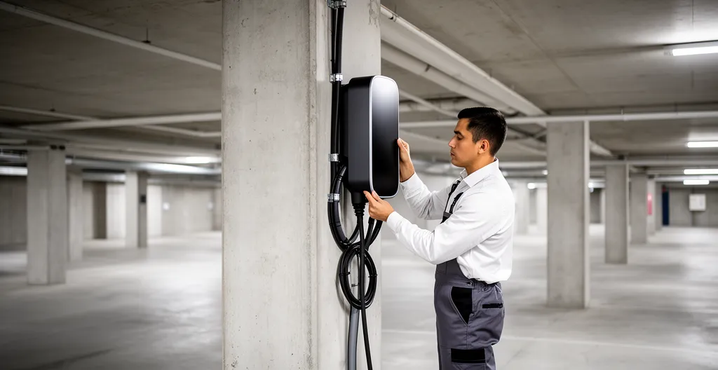 Vue d'un parking souterrain de copropriété moderne avec installation de bornes de recharge en cours