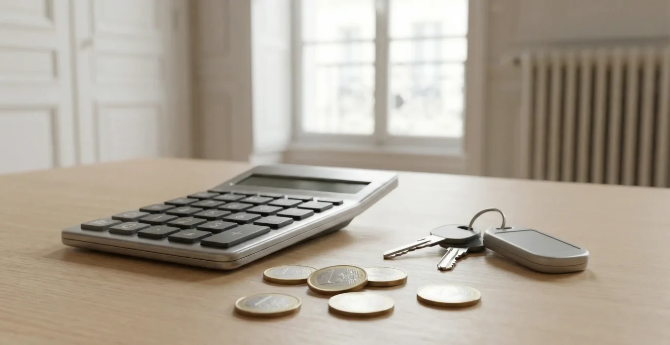 Calculatrice posée sur un bureau avec des clés de voiture, évoquant le calcul financier automobile