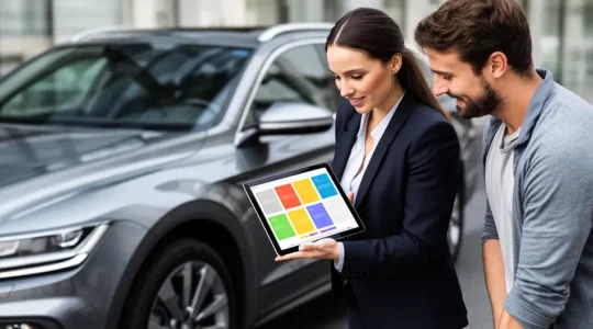 Vendeur et acheteur consultant ensemble un dossier numérique sur tablette pour vérifier l'historique d'une voiture