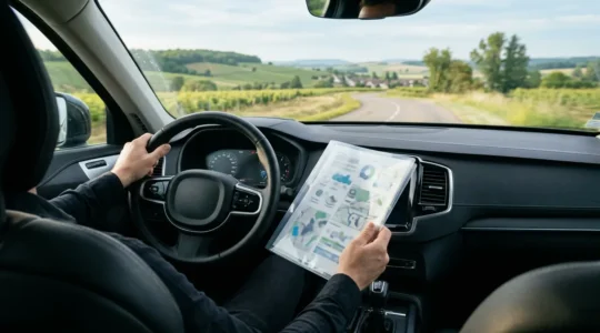 Documents automobiles et tableau de bord d'une voiture montrant le compteur kilométrique pour illustrer la vérification de l'historique
