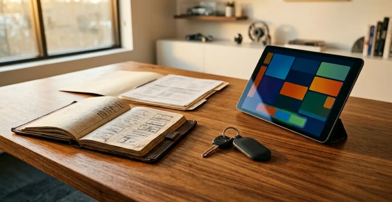 Bureau d'expert automobile avec dossier d'entretien ouvert et tablette numérique montrant un carnet digital