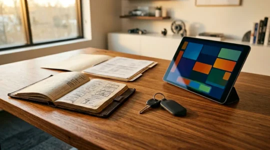 Bureau d'expert automobile avec dossier d'entretien ouvert et tablette numérique montrant un carnet digital