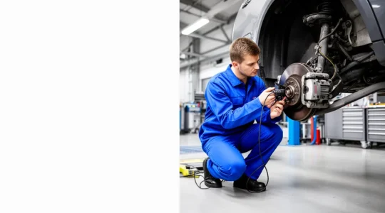 Mécanicien spécialisé effectuant une purge ABS sur un système de freinage automobile