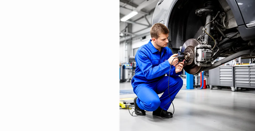 Mécanicien spécialisé effectuant une purge ABS sur un système de freinage automobile