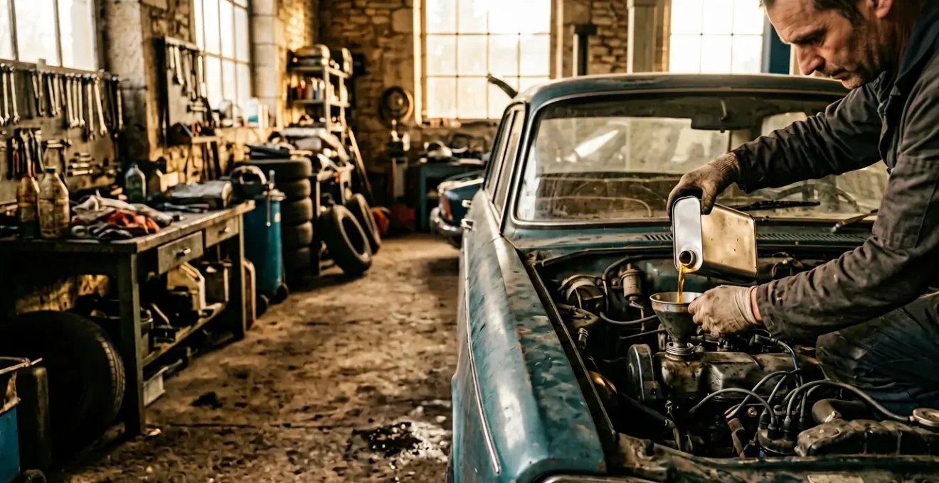 Mécanicien versant de l'huile moteur neuve dans un moteur âgé lors d'une vidange dans un garage français