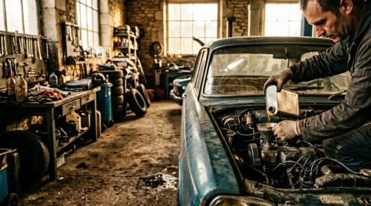 Mécanicien versant de l'huile moteur neuve dans un moteur âgé lors d'une vidange dans un garage français