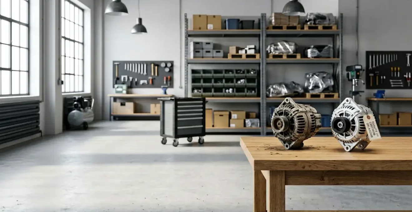 Vue comparative de pièces automobiles d'occasion et d'échange standard dans un atelier automobile professionnel