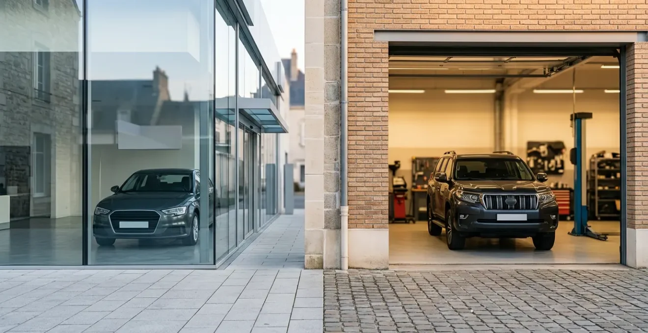 Comparaison visuelle entre une voiture neuve en concession et une occasion récente dans un garage automobile français