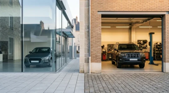 Comparaison visuelle entre une voiture neuve en concession et une occasion récente dans un garage automobile français