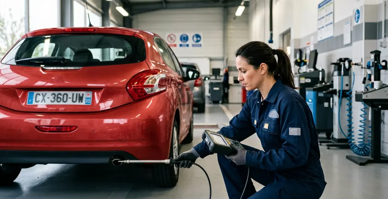 Mécanicien expert examinant le système d'échappement d'une voiture lors d'un contrôle technique