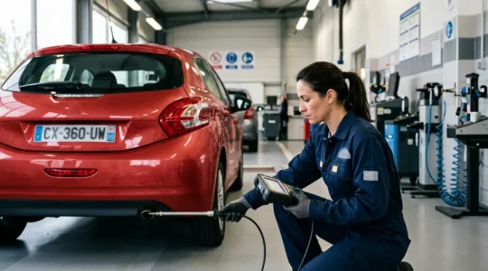 Mécanicien expert examinant le système d'échappement d'une voiture lors d'un contrôle technique