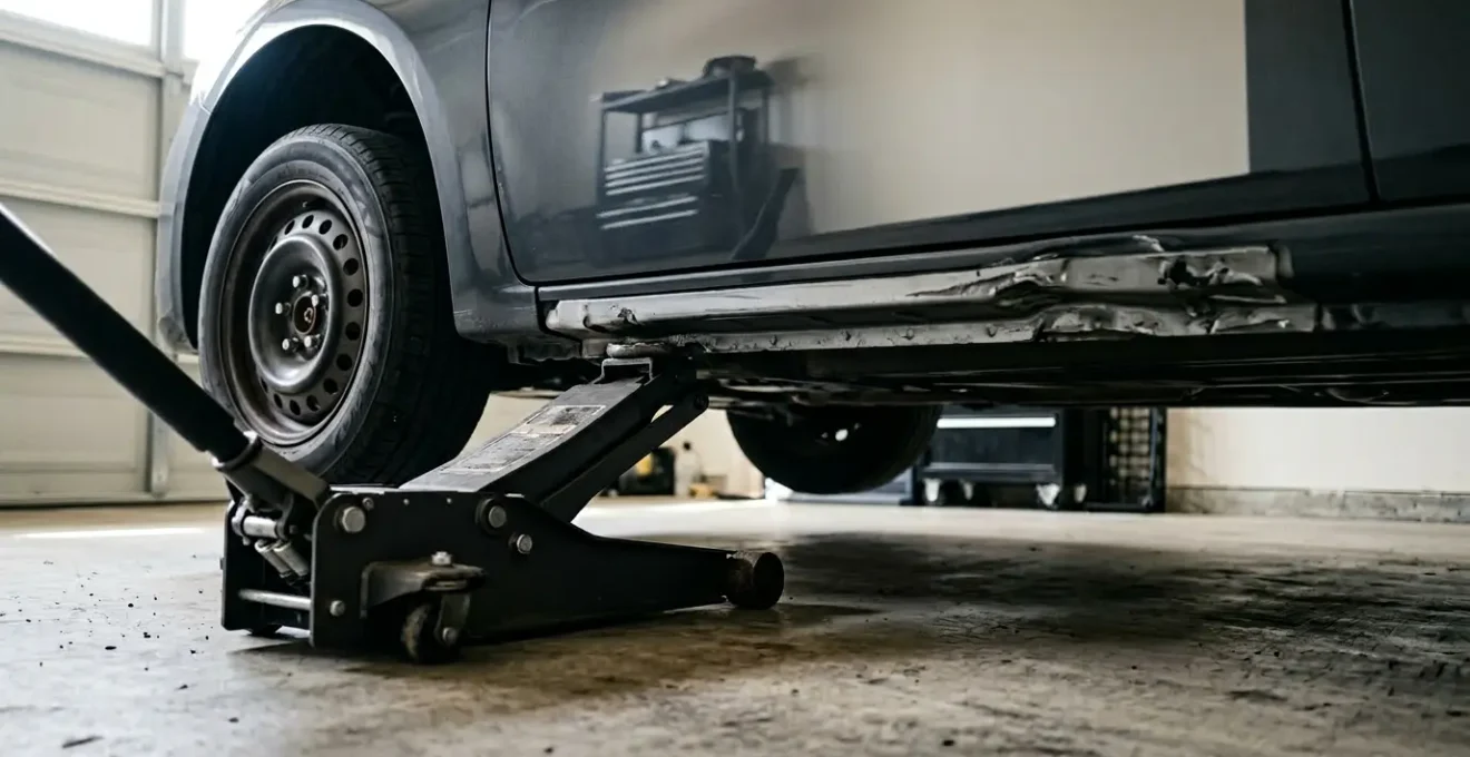 Cric hydraulique positionné correctement sous le point de levage renforcé d'une voiture lors d'un changement de roue