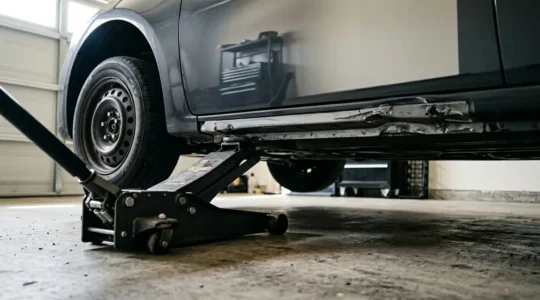 Cric hydraulique positionné correctement sous le point de levage renforcé d'une voiture lors d'un changement de roue