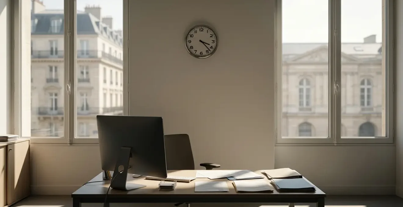 Bureau administratif avec ordinateur affichant l'interface ANTS, documents officiels éparpillés et horloge indiquant une longue attente