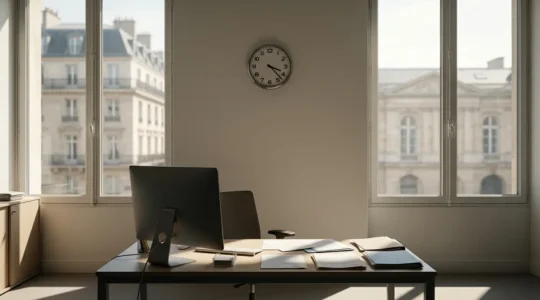 Bureau administratif avec ordinateur affichant l'interface ANTS, documents officiels éparpillés et horloge indiquant une longue attente