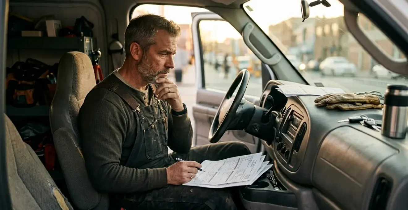 Vue d'un artisan préparant sa paperasse dans son véhicule utilitaire avec des documents officiels sur le tableau de bord