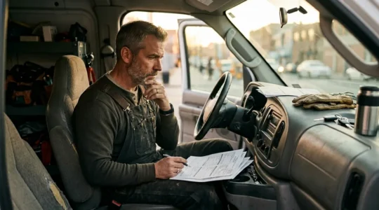 Vue d'un artisan préparant sa paperasse dans son véhicule utilitaire avec des documents officiels sur le tableau de bord