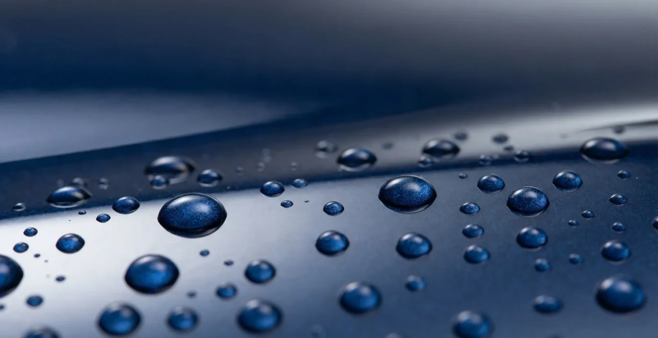 Détail macro d'une surface de carrosserie automobile brillante avec effet perlant