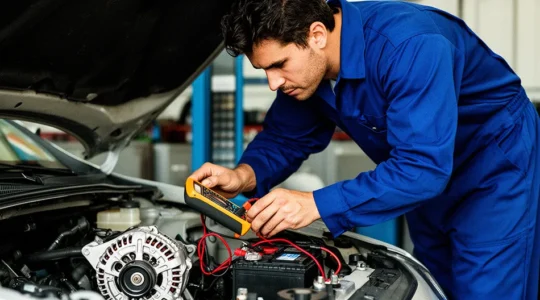 Mécanicien analysant le compartiment moteur d'une voiture avec un multimètre pour diagnostiquer l'alternateur et la batterie