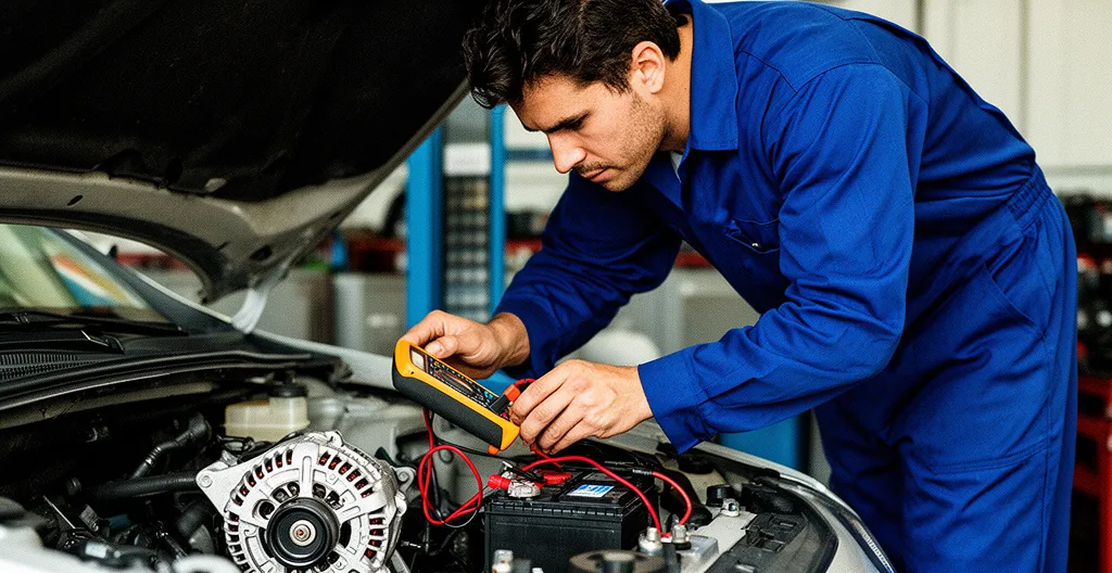 Mécanicien analysant le compartiment moteur d'une voiture avec un multimètre pour diagnostiquer l'alternateur et la batterie