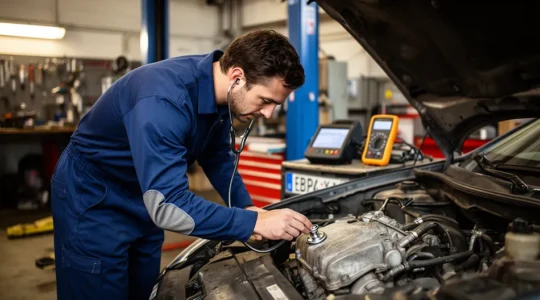 Mécanicien effectuant un diagnostic moteur sous le capot d'une voiture dans un atelier automobile professionnel