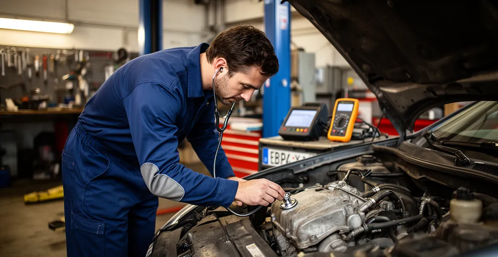 Mécanicien effectuant un diagnostic moteur sous le capot d'une voiture dans un atelier automobile professionnel