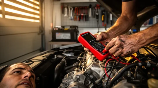 Mécanicien testant batterie et démarreur avec multimètre sur moteur de voiture