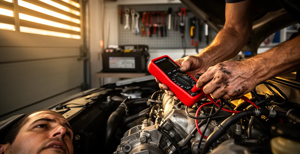 Mécanicien testant batterie et démarreur avec multimètre sur moteur de voiture