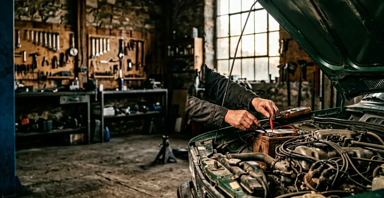 Mécanicien automobile testant la batterie d'une voiture avec un multimètre dans un garage professionnel