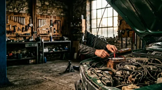 Mécanicien automobile testant la batterie d'une voiture avec un multimètre dans un garage professionnel