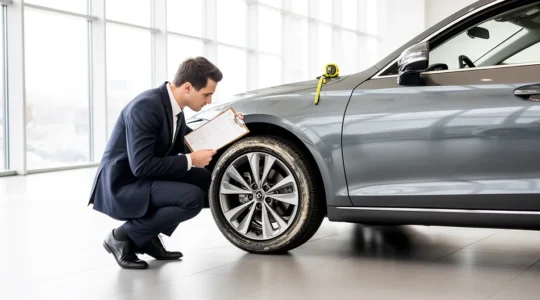 Inspection minutieuse d'un véhicule lors d'un essai routier chez un concessionnaire automobile en France