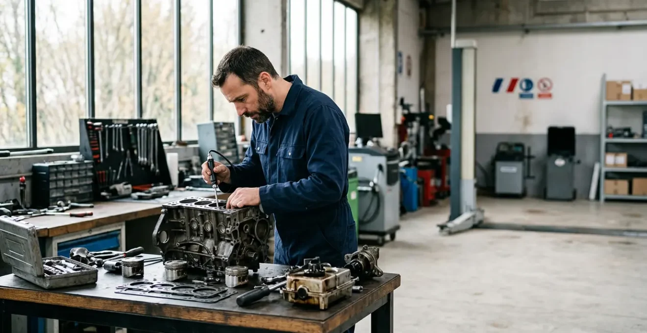 Expert automobile en train d'inspecter un moteur cassé dans un garage français