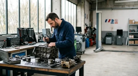 Expert automobile en train d'inspecter un moteur cassé dans un garage français