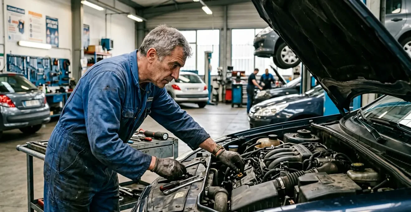 Mécanicien professionnel inspectant minutieusement le moteur d'une voiture dans un atelier automobile moderne