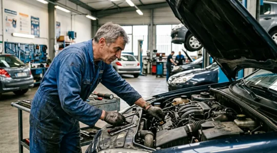 Mécanicien professionnel inspectant minutieusement le moteur d'une voiture dans un atelier automobile moderne
